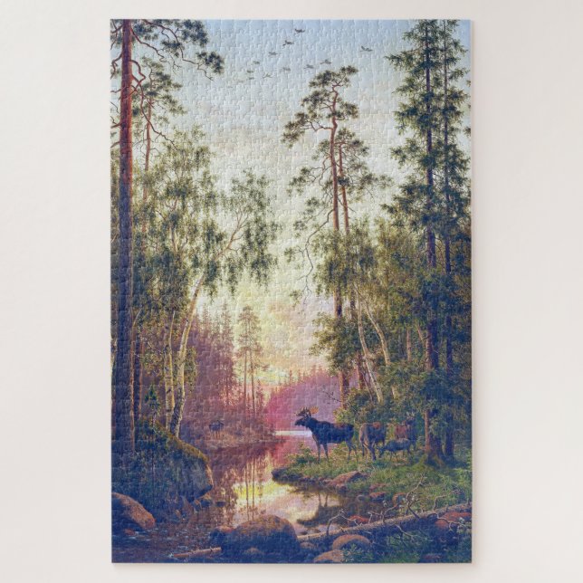 Puzzle Escena forestal con alce toro y vaca Carl Bøgh  (Vertical)