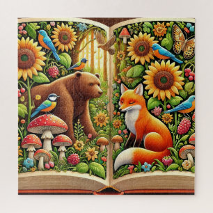 Puzzle Escena forestal con oso, zorro, girasoles