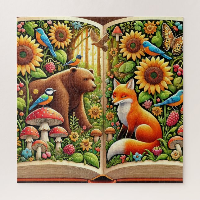 Puzzle Escena forestal con oso, zorro, girasoles (Vertical)