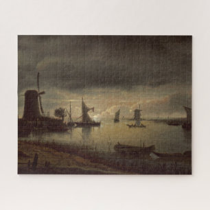 Puzzle Escena holandesa del río con el molino de viento