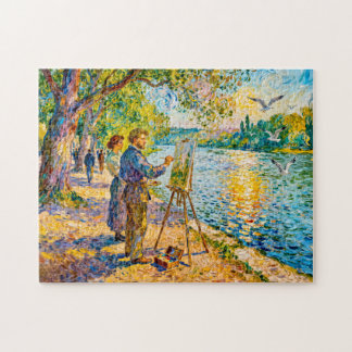 Puzzle Escena impresionista de pintor junto al río con pa