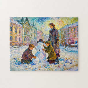 Puzzle Escena impresionista de una plaza invernal con niñ