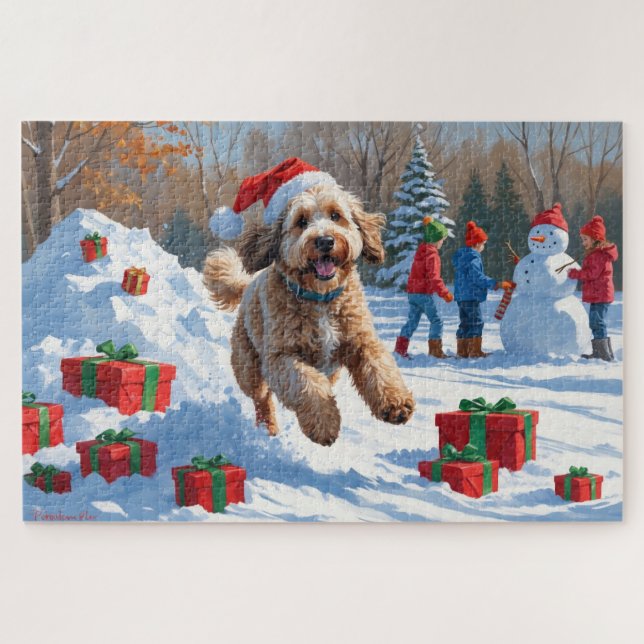 Puzzle Escena nevada festiva de Navidad con Bernedoodle (Horizontal)
