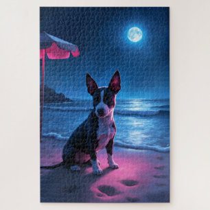 Puzzle Escena nocturna de Bull Terrier Neon en la playa