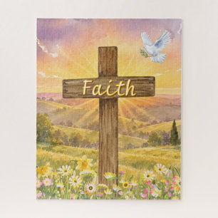 Puzzle Escena pastoral de la fe cristiana Cruz y paloma