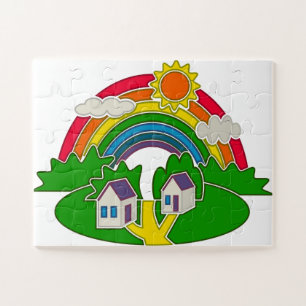 Puzzle Escena rural de dibujos animados con arco iris y c