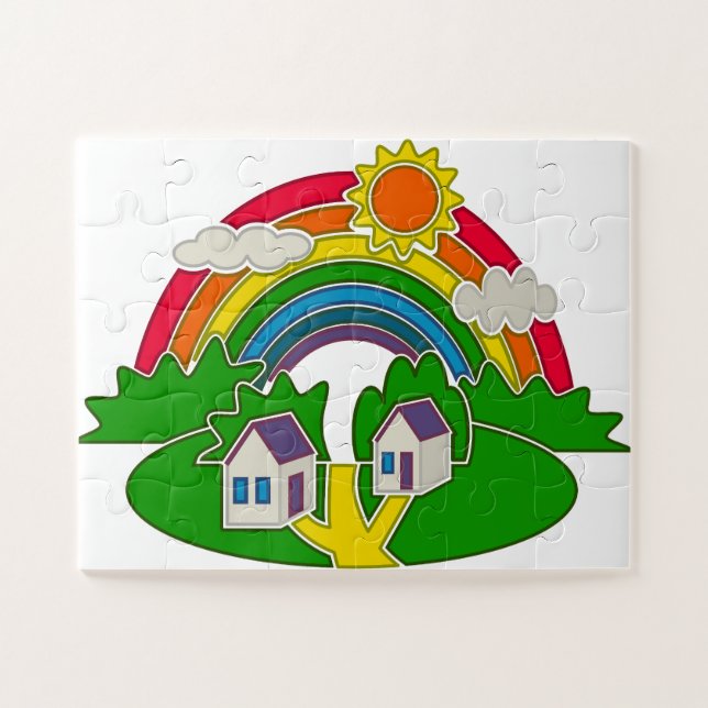 Puzzle Escena rural de dibujos animados con arco iris y c (Horizontal)