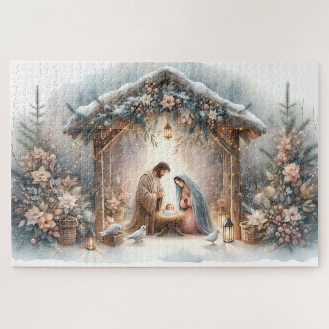 Puzzle Escena rústica de la natividad con flores de invie (Horizontal)