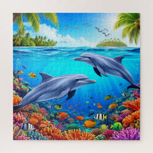 Puzzle Escena Tropical Subacuática Con Delfines (Vertical)