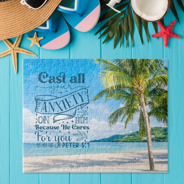 Puzzle Escenario de playa tropical, 1 Peter 5:7 Verso de  (Subido por el creador)