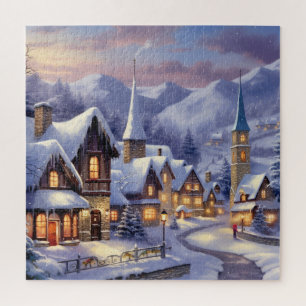 Puzzle Escenario invernal de acuarela Pueblo de Navidad