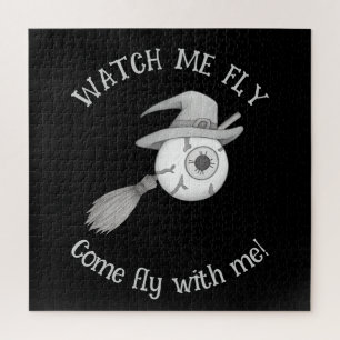 Puzzle escoba de brujas de Halloween y el ojo temible