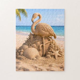 Puzzle Escultura de arena de flamenco en playa tropical