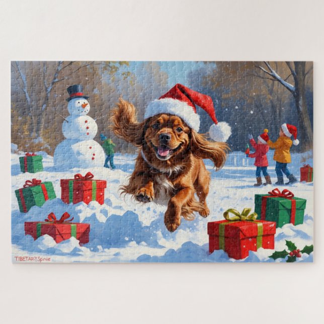 Puzzle Español tibetano corre en nieve con Gorra de Navid (Horizontal)