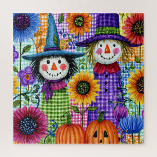 Puzzle Espantapájaros y calabazas, Halloween,