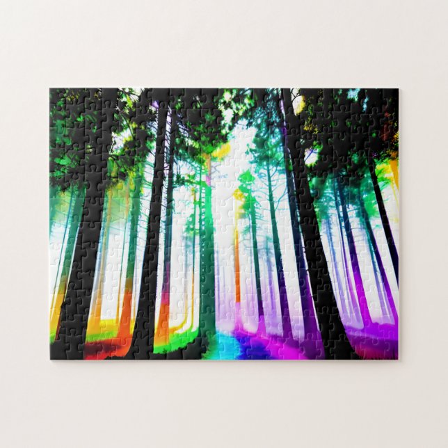 Puzzle Espectro de arcoiris con luz solar en el bosque (Horizontal)