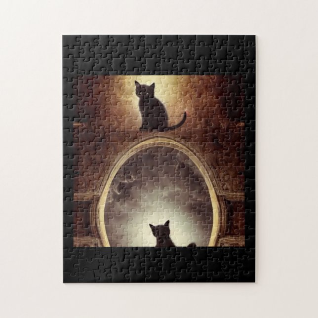 Puzzle Espejo de misterio del gato negro fantasía oscura (Vertical)
