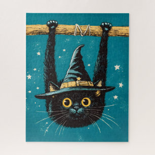 Puzzle Espeluznante Bruja de gato negro volador