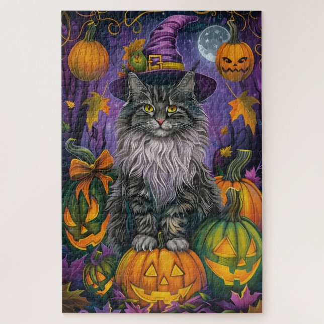 Puzzle Espeluznante Gato Siberiano Halloween Bruja Y Cala (Vertical)