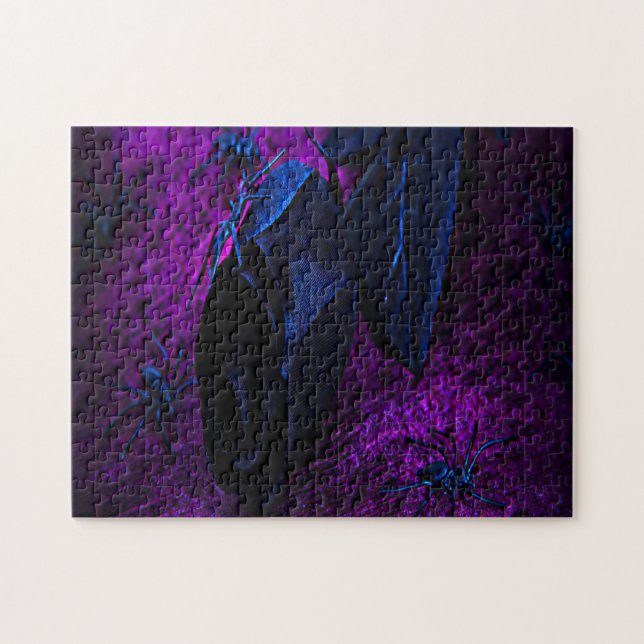 Puzzle Espeluznante Rosa de material negro, arañas negras (Horizontal)