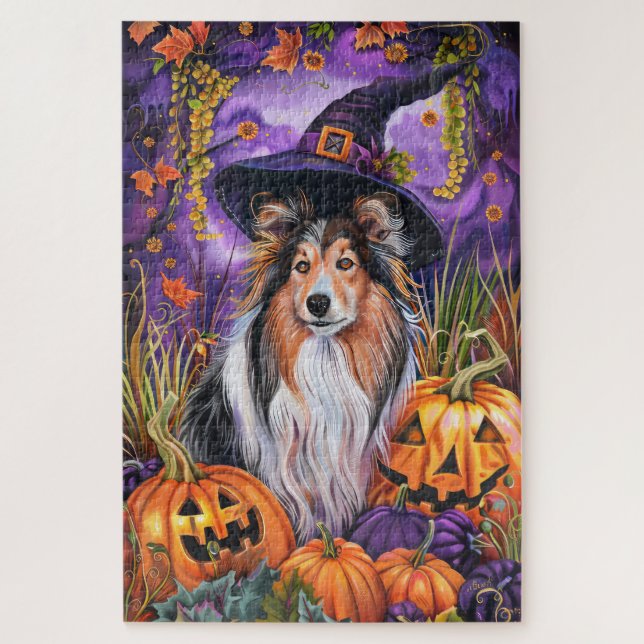 Puzzle Espeluznante Shetland Sheepdog Halloween Witch Pum (Vertical)