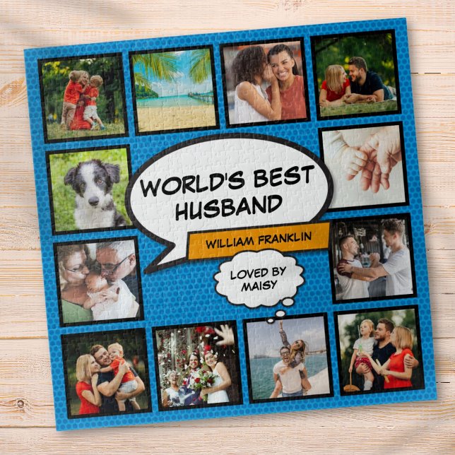 Puzzle Esposo 12 Collage de fotos Comic Book Fun Blue (Husband 12 Photo Collage Comic Book Fun Blue Jigsaw Puzzle)