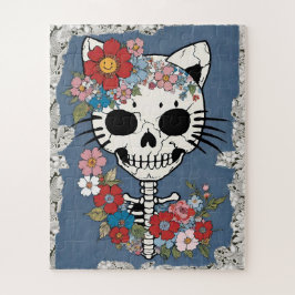 Puzzle Esqueleto de gato floral con encaje y denim
