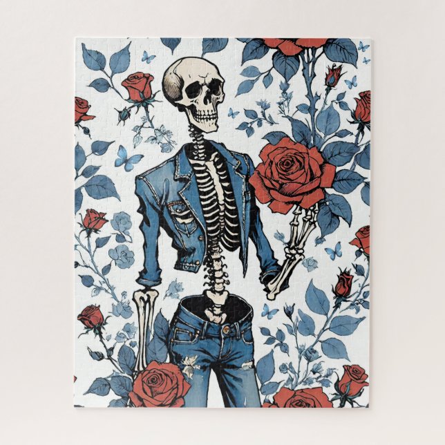 Puzzle Esqueleto de Guay en Jean Jacket con rosas rojas (Vertical)