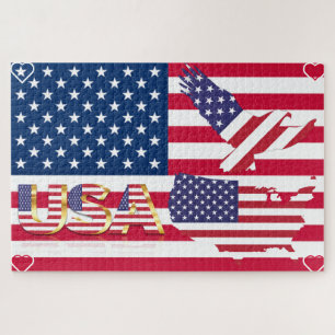 Puzzle Estados Unidos - USA Map & Eagle Flag - Corazones