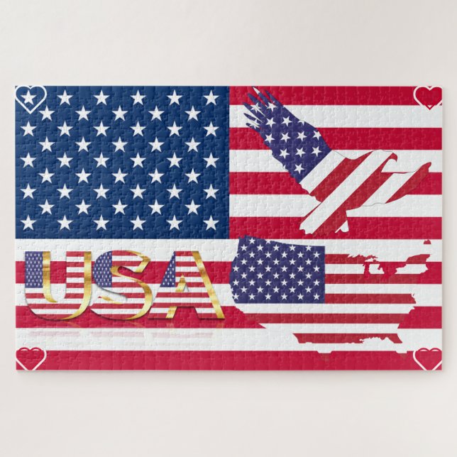 Puzzle Estados Unidos - USA Map & Eagle Flag - Corazones (Horizontal)