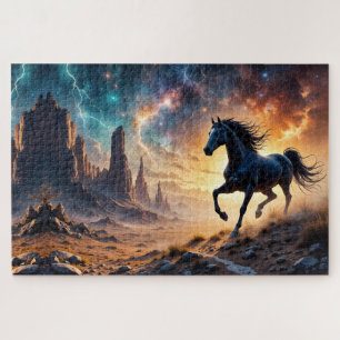 Puzzle Estallión negro en el desierto estrellas nebulosas