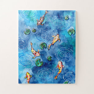 Puzzle Estanque de peces koi en la lluvia