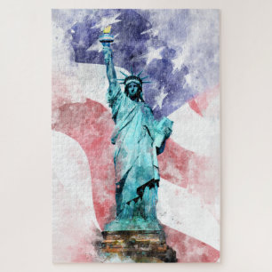 Puzzle Estatua de la Libertad con acuarela de bandera