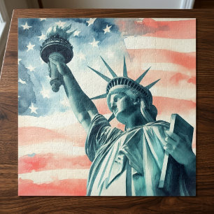Puzzle Estatua de la Libertad con acuarela y bandera esta
