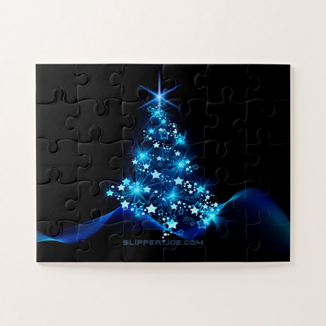 Puzzle estilizado árbol de Navidad SlipperyJoe azul brill (Horizontal)