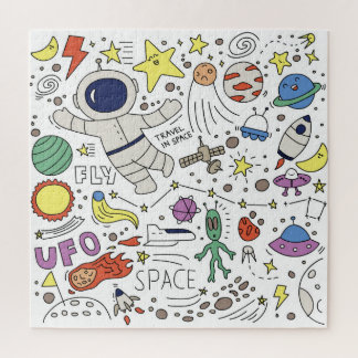 Puzzle Estilo Doodle, ilustracion temático espacial.