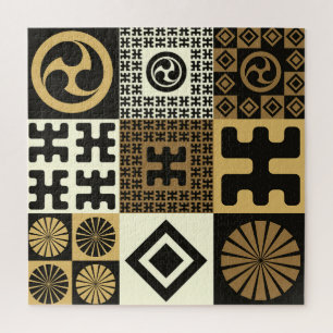 Puzzle Estilo japonés, patrones de oro negro sin costura.