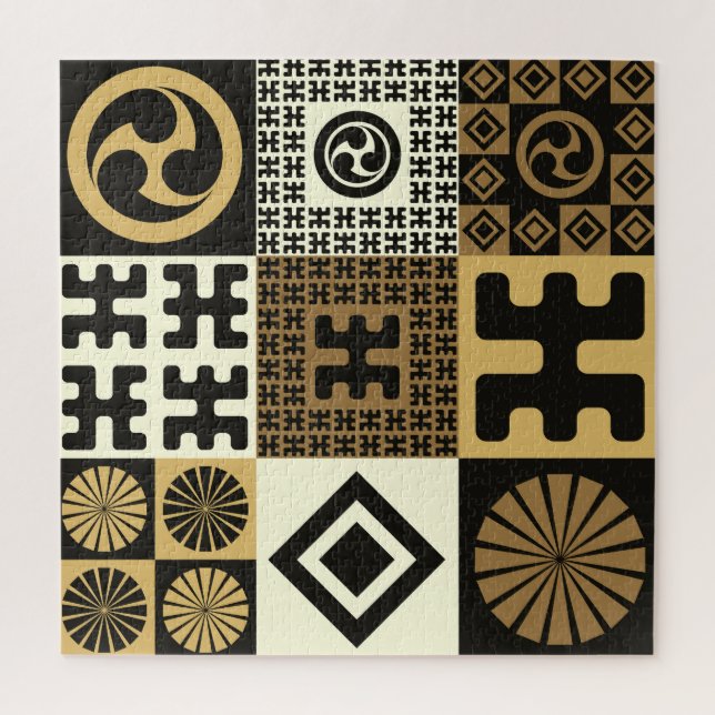 Puzzle Estilo japonés, patrones de oro negro sin costura. (Vertical)