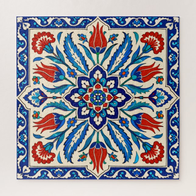 Puzzle Estilo Otomano Patrón Tulipán Azul Rojo (Vertical)