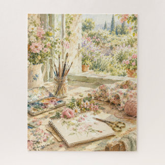 Puzzle Estudio de artista de acuarela vista al jardín