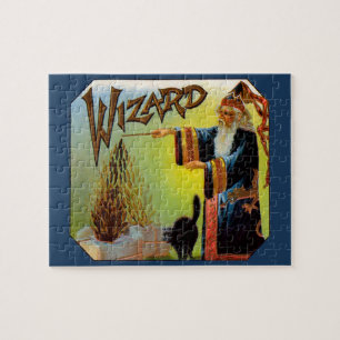 Puzzle Etiqueta de puro vintage, Mago Mágico con gato neg