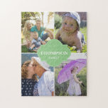 Puzzle Etiqueta verde vertical 4 Collage de fotos familia<br><div class="desc">Personalizar este rompecabezas con fotos familiares, incluye tu foto favorita de los niños, abuelos, padres, mascotas, etc. Hasta 4 imágenes a reemplazar. Cambia todas las fotos y el apellido de la familia. Hace un gran regalo para el tiempo familiar. Un detalle de diseño de marco de etiqueta verde en el...</div>