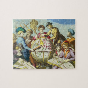 Puzzle Exploradores de época con mapa de glóbulos antiguo