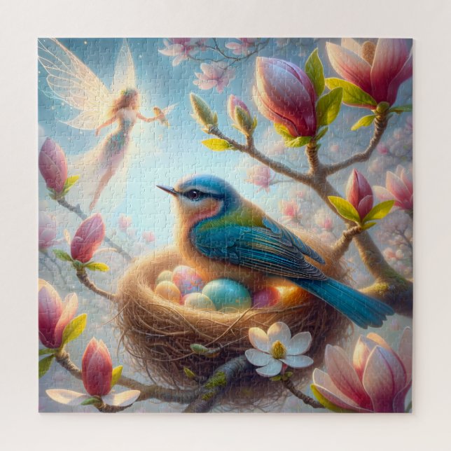 Puzzle Fairy Guardian and Songbird Spring Nest (Vertical)