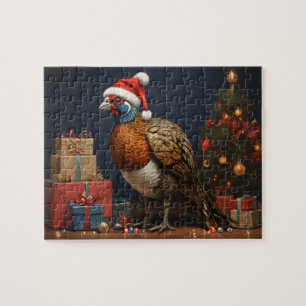 Puzzle faisán con árbol de navidad y regalos