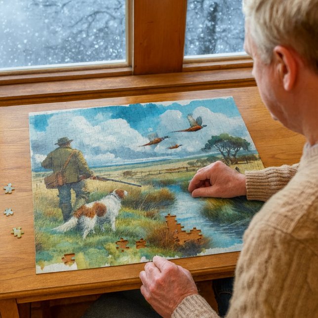 Puzzle Faisán de collar Acuarela Cazadores  (Winter hunting puzzle great indoor gift for cold days, nature lovers, and cozy cabin afternoons.)
