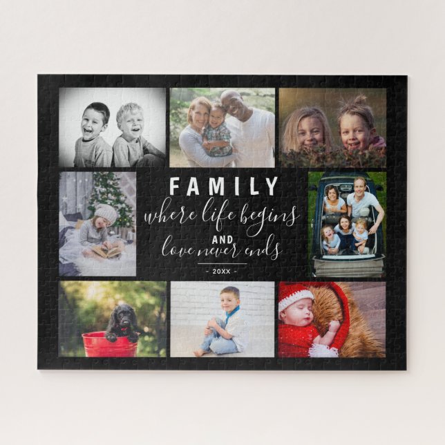 Puzzle Familia 8 Collage de fotos Saying Script Black (Horizontal)