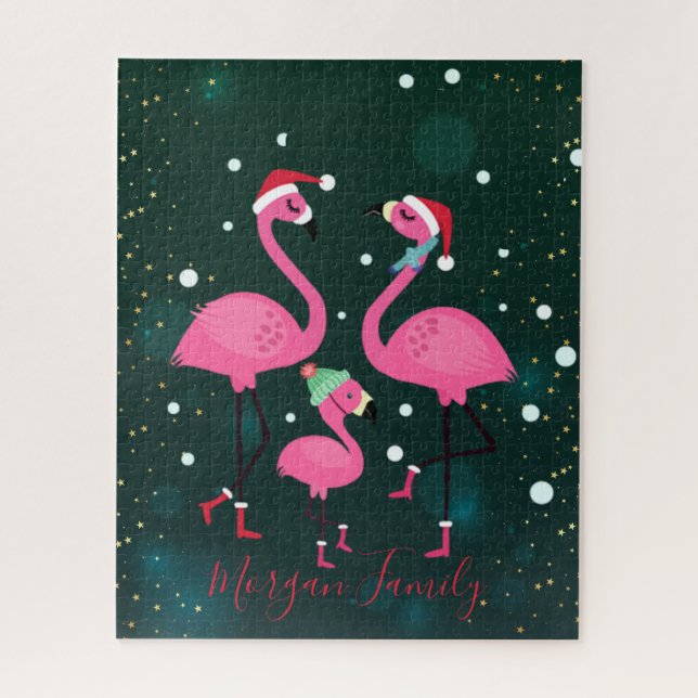 Puzzle Familia Adorable Flamingos Santa Hat Green (Vertical)