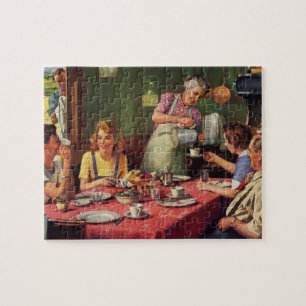 Puzzle Familia antigua desayunando en la cocina