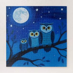 Puzzle Familia de búhos nocturnos bajo la luz de la luna